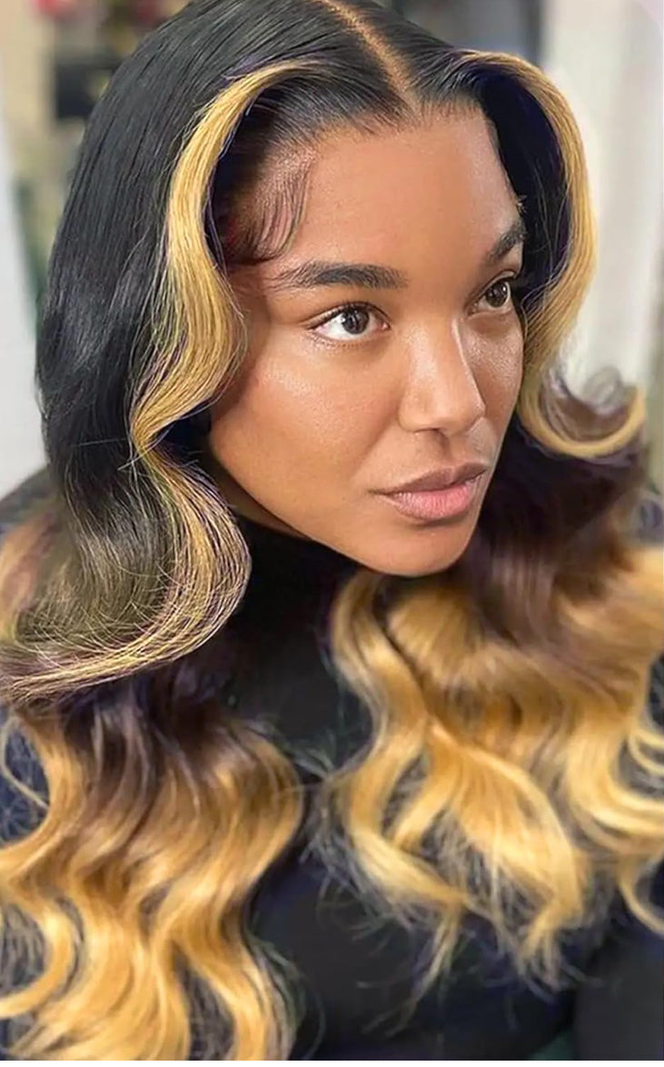 1b/27 Highlight Wig 13X4 HD Lace Front Wig 250% Body Wave Colored Wig / HD lace Front Human Hair Wig