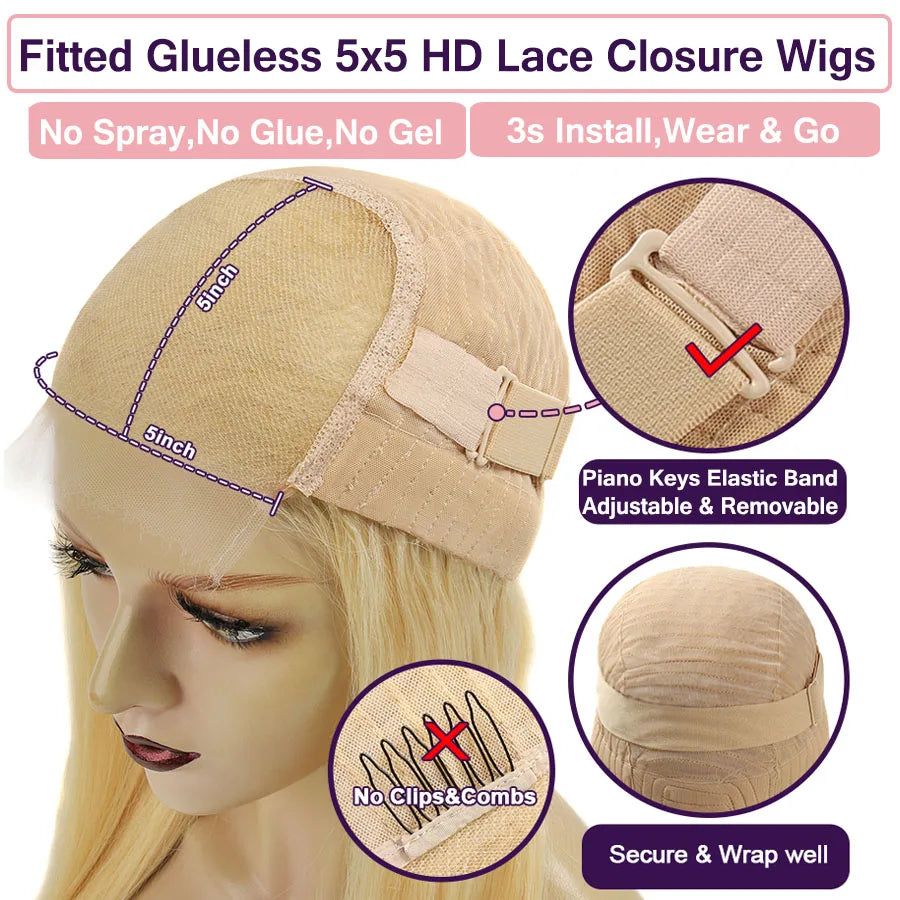 32-Inch 613 Blonde Glueless Human Hair Wig with 5x5 HD Lace Closure – Straight, Melt-Ready