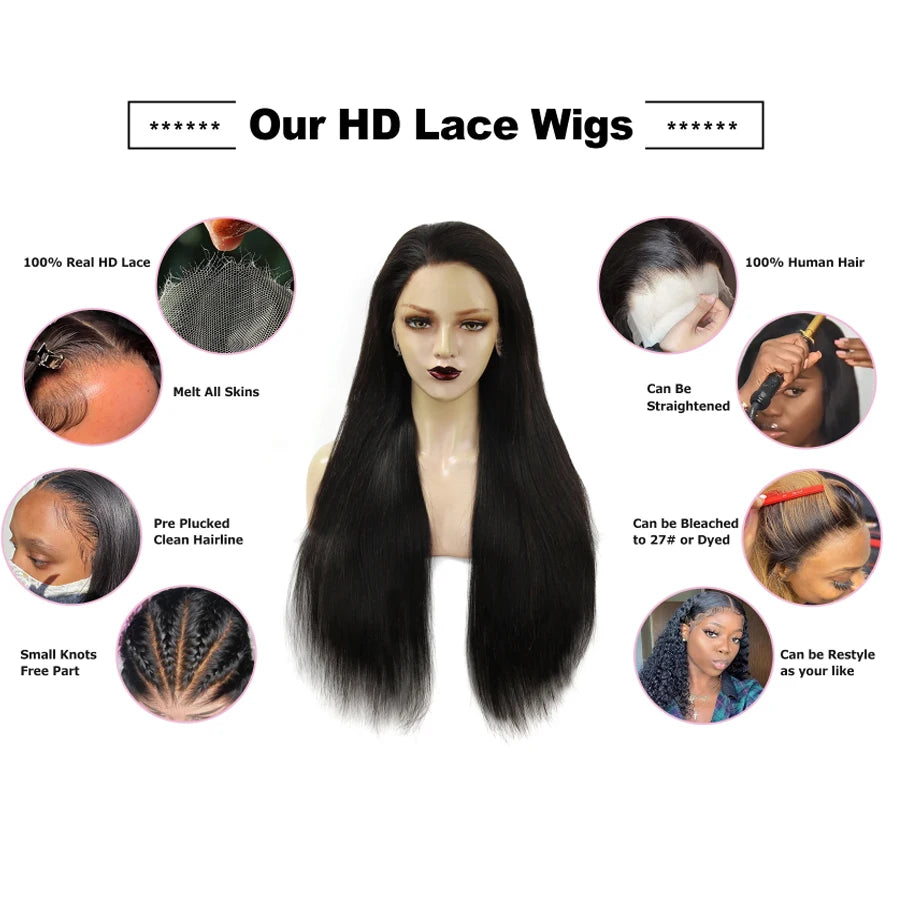 34-Inch Real HD Lace Front Wig – Pre-Plucked Straight Human Hair with 13x6 Transparent Lace Frontal